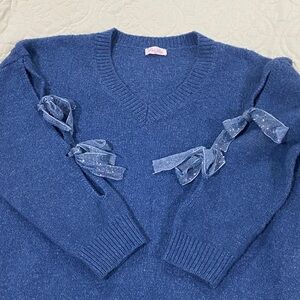 Pink Lily Blue V-Neck Sweater with Ribbon Accents